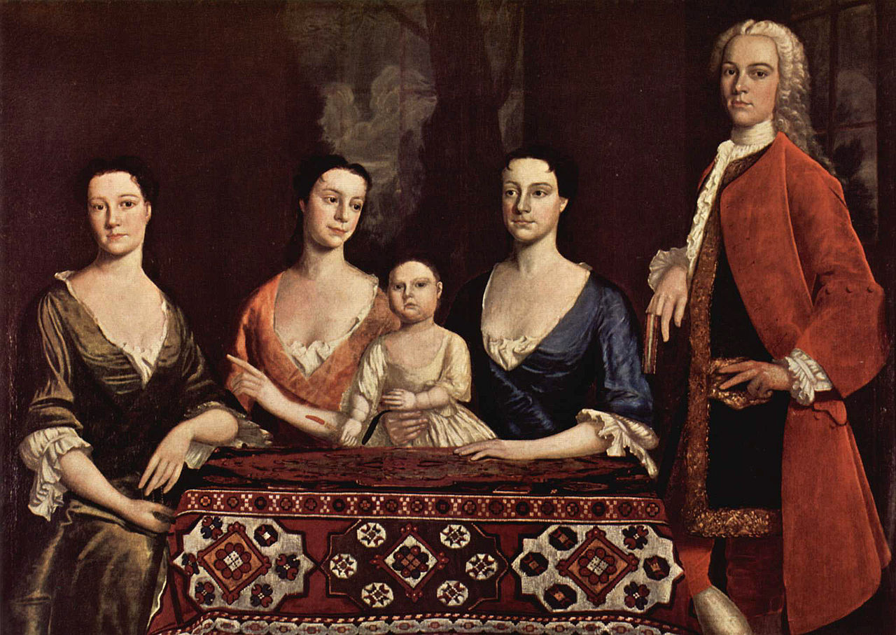 Painting of a well-dressed family. 