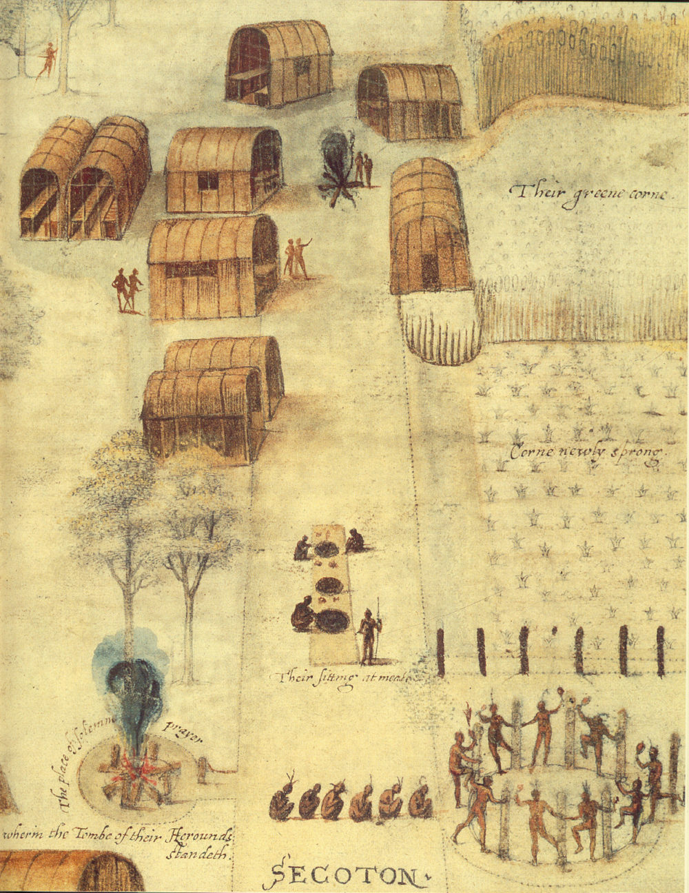 An early sketch by settler John White of Native Americans in Virginia. Dancers are shown in a circle and others are sitting in a line. A fire is off to the left.