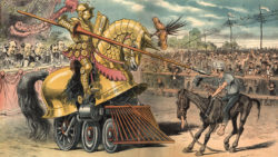 Friedrich Graetz, “The Tournament of Today - A Set-To Between Labor and Monopoly.” August 1, 1883. Print shows a jousting tournament between an oversized knight riding horse-shaped armor labeled "Monopoly" over a locomotive, with a long plume labeled "Arrogance", and carrying a shield labeled "Corruption of the Legislature" and a lance labeled "Subsidized Press", and a barefoot man labeled "Labor" riding an emaciated horse labeled "Poverty", and carrying a sledgehammer labeled "Strike". On the left is seating "Reserved for Capitalists" where Cyrus W. Field, William H. Vanderbilt, John Roach, Jay Gould, and Russell Sage are sitting. On the right, behind the labor section, are telegraph lines flying monopoly banners that are labeled "Wall St., W.U.T. Co., [and] N.Y.C. RR". Via Library of Congress (LC-DIG-ppmsca-28412).