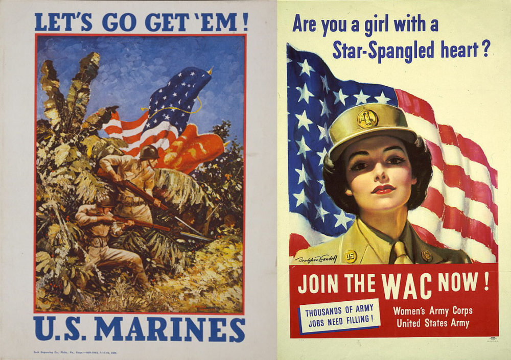 This pair of US Military recruiting posters demonstrates the way that two branches of the military—the Marines and the Women’s Army Corps—borrowed techniques from advertising professionals to “sell” a romantic vision of war to Americans. These two images take different strategies: one shows Marines at war in a lush jungle, reminding viewers that the war was taking place in exotic lands, the other depicted women taking on new jobs as a patriotic duty.