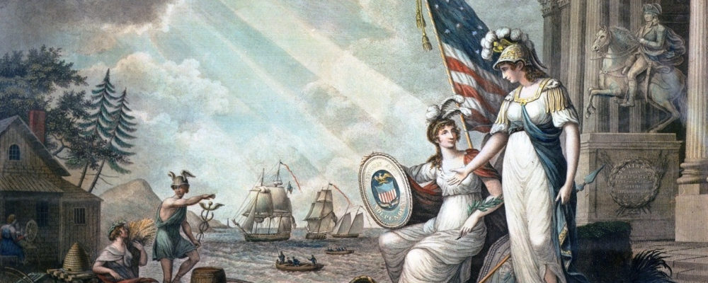 This allegorical print depicts America as a woman in Grecian dress and feathered helmet. She is joined by a number of Roman gods representing wisdom, commerce, and agriculture. A triumphal arch celebrates victories during the War of 1812 alongside a statue of George Washington on a horse.