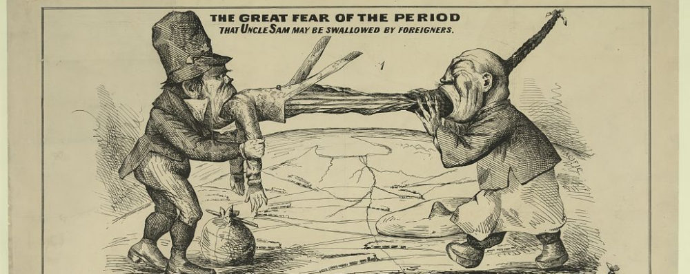 This cartoon depicts a highly racialized image of a Chinese immigrant and Irish immigrant “swallowing” the United States–in the form of Uncle Sam. Networks of railroads and the promise of American expansion can be seen in the background. “The great fear of the period That Uncle Sam may be swallowed by foreigners : The problem solved,” 1860-1869. Library of Congress.