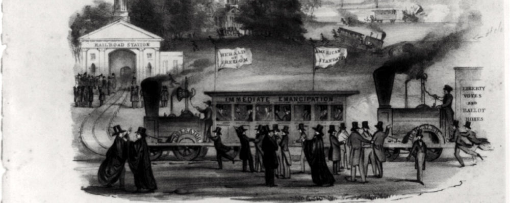 This sheet-music cover page shows a train. Banners read "Liberty votes and ballot boxes," "Herald of Freedom," and "American Standard." The railcar has Immediate Emancipation written on its side. 