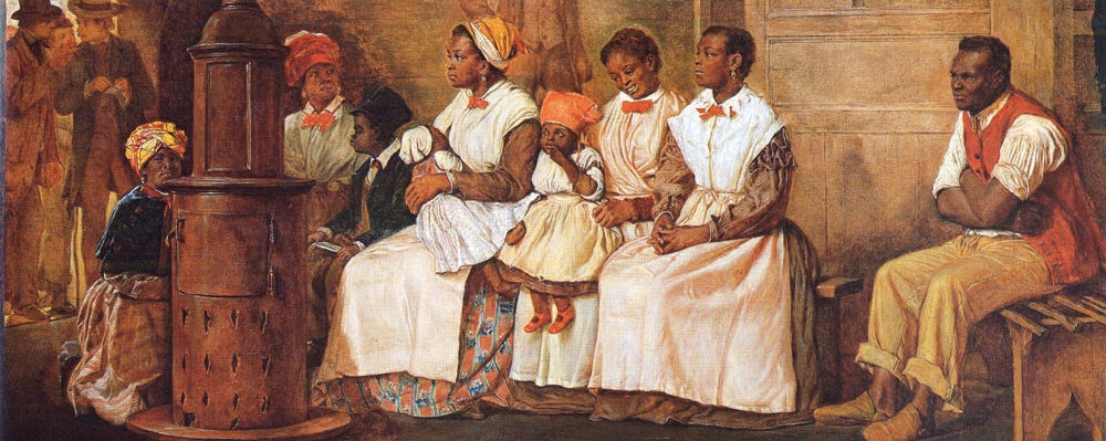 This painting shows a number of enslaved people seated, waiting for a slave sale. 