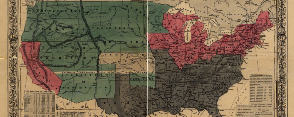 This piece of Republican propaganda from the 1856 election makes clear distinctions between free states, slave states, and territories. Featured at the top of the page are engravings of John C. Fremont and his running mate, William C. Dayton. A vibrant red sets off the free states. The chart, “Freedom vs. Slavery,” demonstrates the North’s economic and cultural superiority over slave states in terms of everything from population per square mile, capital in manufactures, miles of railroad, the number of newspapers and public libraries, and value of churches.