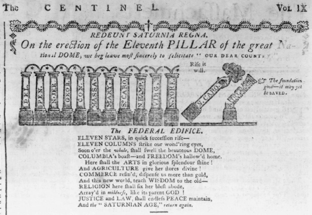 "The Federal Pillars,” from The Massachusetts Centinel, August 2, 1789, via Library of Congress.