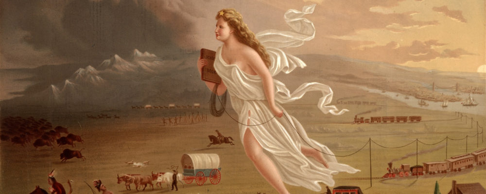 Although the original painting was only seen by a small number of Americans, the engraving was widely distributed, reinforcing and perhaps spreading the nationalistic ideals of the “Manifest Destiny” ideology. Columbia, the central female figure representing America, leads the Americans into the West and thus into the future by carrying the values of republicanism (as seen through her Roman garb) and progress (shown through the inclusion of technological innovations like the telegraph). In the process, Columbia clears the West of any possible hindrances to this progress, including the native peoples and animals pushed into the darkness. Engraving after John Gast, Manifest Destiny, 1872. Wikimedia, http://commons.wikimedia.org/wiki/File:American_progress.JPG.