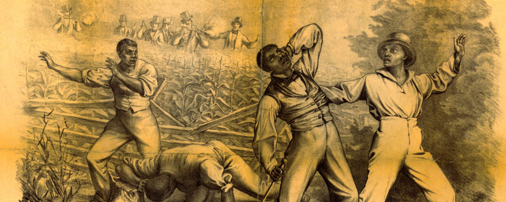 This lithograph imagines the consequences of the Fugitive Slave Act, part of the Compromise of 1850.  Four well-dressed Black men are being hunted by a party of white men, seen in the background.  There are a number of ambiguities in the image – are the Black men enslaved or free?  Are they trying to escape or not?  Where exactly are they?  These ambiguities speak to the concerns many abolitionists had about the law, which required free citizens to return freedom-seeking people to their enslavers.