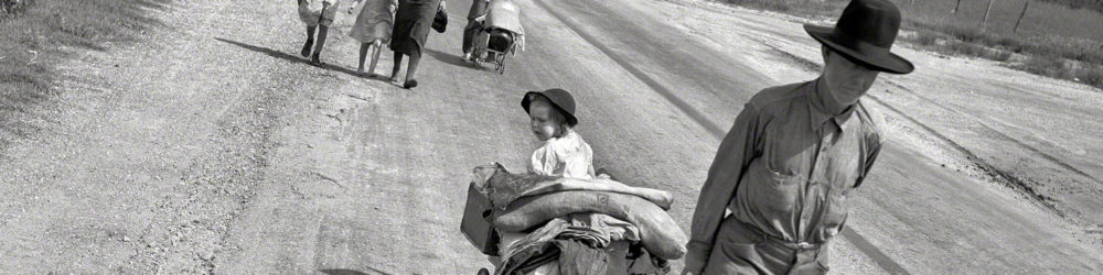 Dorothea Lange, “Family walking on highway, five children” (June 1938) Works Progress Administration, Library of Congress. 