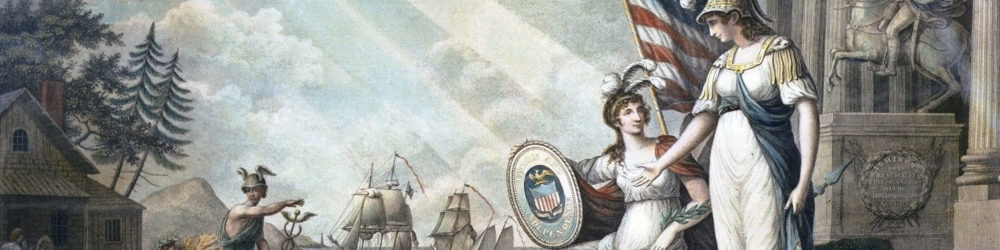 This allegorical print depicts America as a woman in Grecian dress and feathered helmet. She is joined by a number of Roman gods representing wisdom, commerce, and agriculture. A triumphal arch celebrates victories during the War of 1812 alongside a statue of George Washington on a horse.