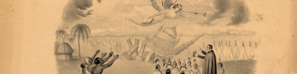 The image on this lifetime membership certificate to a missionary society shows how the new member’s money will be used.  The guiding hand of Providence and an angel bearing a book (presumably a Bible) hover at the top of the image.  In the background, a mosque topples over.  An African family kneels and reaches towards the heavens on the left side, while a minister preaches to Native Americans gathered before him on the right.