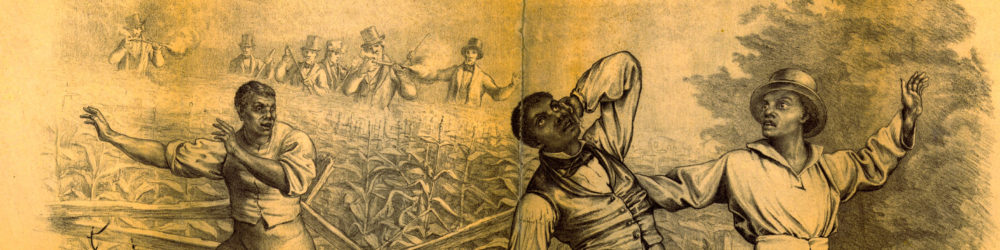 This lithograph imagines the consequences of the Fugitive Slave Act, part of the Compromise of 1850.  Four well-dressed Black men are being hunted by a party of white men, seen in the background.  There are a number of ambiguities in the image – are the Black men enslaved or free?  Are they trying to escape or not?  Where exactly are they?  These ambiguities speak to the concerns many abolitionists had about the law, which required free citizens to return freedom-seeking people to their enslavers.