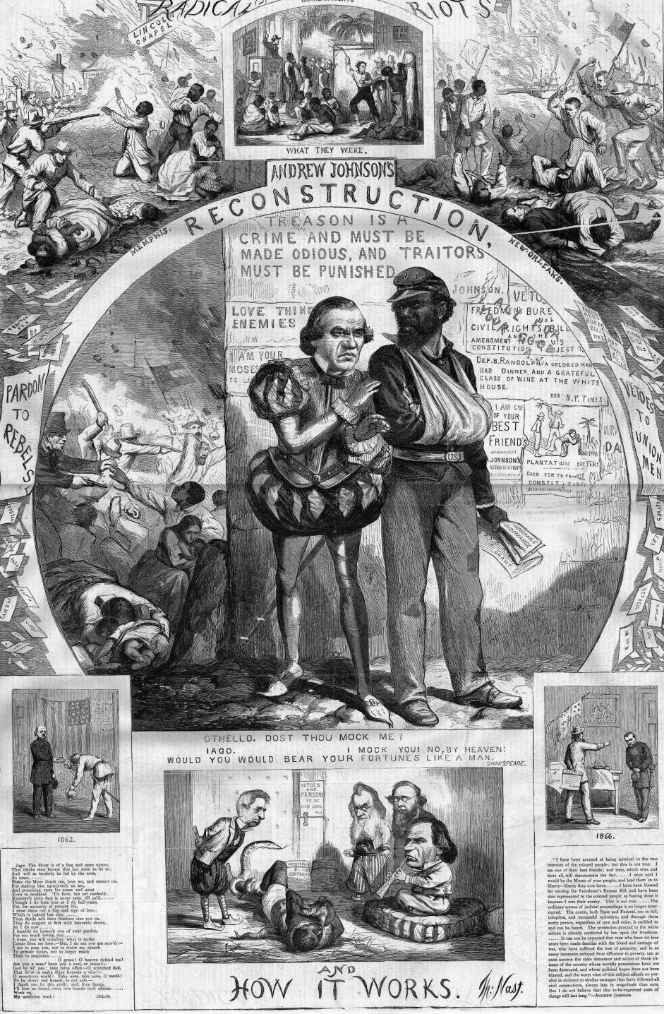 Thomas Nast, "Reconstruction and How It Works," Harper's Weekly, 1866, via HarpWeek.