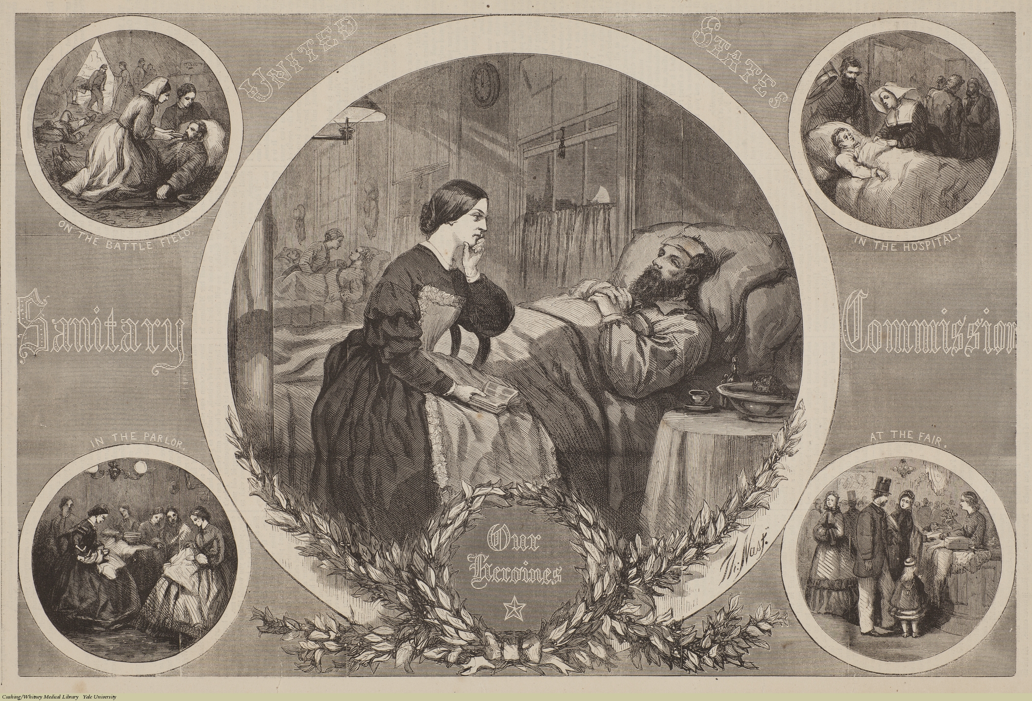 This print from Thomas Nast celebrates the work of the United States Sanitary Commission which here are called "Our Heroes." Five vignettes show the work of the Sanitary Commission in tending to the sick, sewing materials, and distributing goods. 