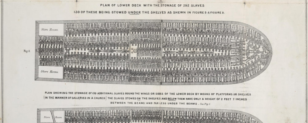 Drawing of the brutally dense packing of human bodies in a slave ship. Bodies are shown lying next to one another tightly packed. 