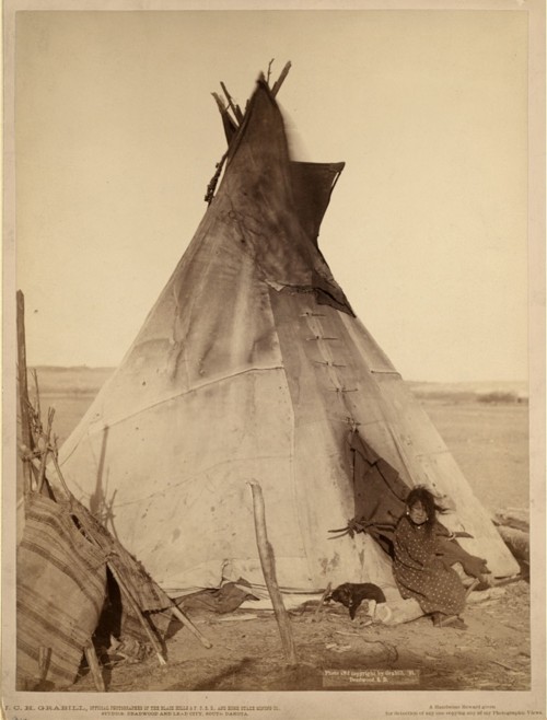 This photograph, taken only two years after the establishment of South Dakota, shows the dire situation of the Lakota people on what was formerly their own land. John C. Grabill, “[A young Oglala girl sitting in front of a tipi, with a puppy beside her, probably on or near Pine Ridge Reservation],” 1891.  Library of Congress, http://www.loc.gov/pictures/item/99613799/.