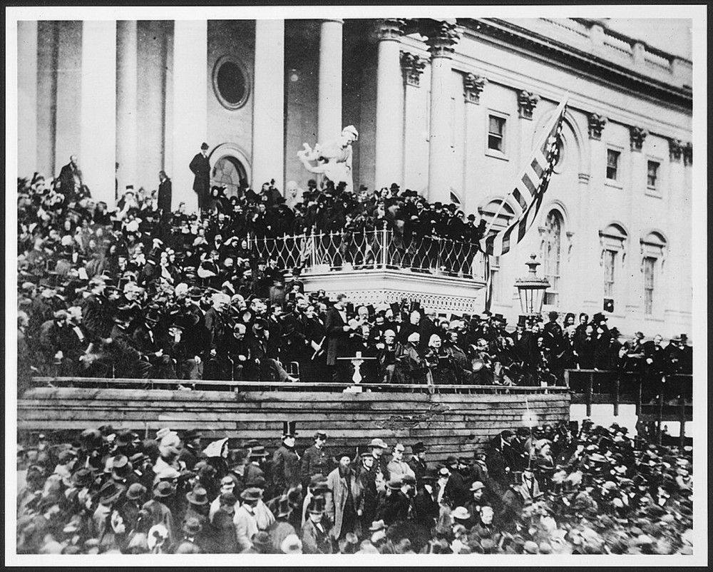 With crowds of people filling every inch of ground around the U.S. Capitol, President Lincoln delivered his inaugural address on March 4, 1865. Alexander Gardner, “Lincoln’s Second Inaugural,” between 1910 and 1920 from a photograph taken in 1865. Wikimedia, http://www.loc.gov/pictures/item/00650938/. 