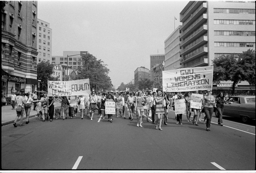 The women’s movement stagnated after gaining the vote in 1920, but by the 1960s it was back in full force. Inspired by the Civil Rights Movement and fed up with gender discrimination, women took to the streets to demand their rights as American citizens. Warren K. Leffler, “Women's lib[eration] march from Farrugut Sq[uare] to Layfette [i.e., Lafayette] P[ar]k,” August 26, 1970. Library of Congress, http://www.loc.gov/pictures/item/2003673992/.
