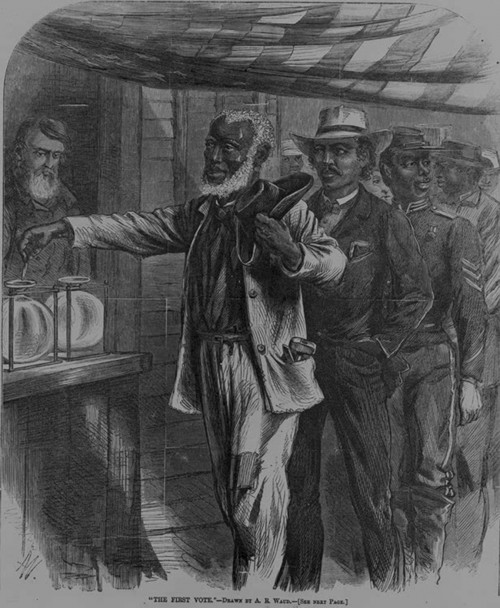 With the passage of the Fifteenth Amendment, droves of African American men went to the polls to exercise their newly recognized right to vote. In this Harper’s Weekly print, black men of various occupations wait patiently for their turn as the first voter submits his ballot. Unlike other contemporary images that depicted African Americans as ignorant, unkempt, and lazy, this print shows these black men as active citizens. Alfred R. Waud, “The First Vote,” November 1867.  Library of Congress, http://www.loc.gov/pictures/item/00651117/. 