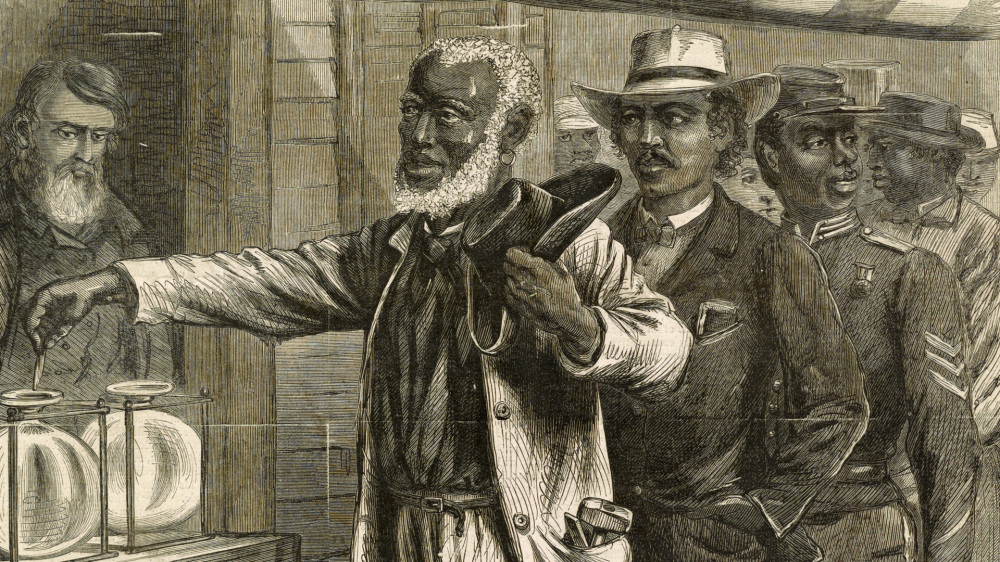 With the passage of the Fifteenth Amendment, droves of African American men went to the polls to exercise their newly recognized right to vote. In this Harper’s Weekly print, black men of various occupations wait patiently for their turn as the first voter submits his ballot. Unlike other contemporary images that depicted African Americans as ignorant, unkempt, and lazy, this print shows these black men as active citizens. Alfred R. Waud, “The First Vote,” November 1867. Library of Congress.