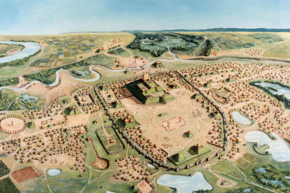 Computer-generated image of Cahokia. A walled center city and a series of small huts, lakes, and rivers surround.