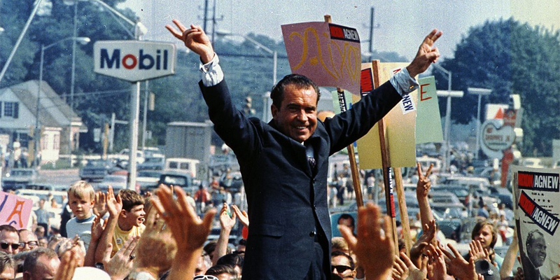 Photograph of Richard Nixon campaigning in Philadelphia during the 1968 presidential election. National Archives via Wikimedia