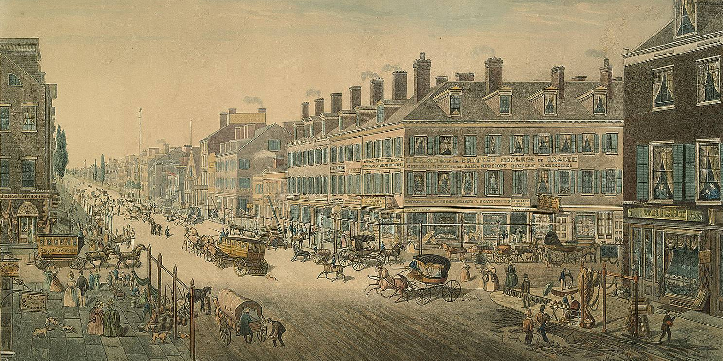 A description of Broadway St, including many horse-drawn carriages, shops, and advertising billboards. Thomas Horner, "Broadway, New York," 1836.