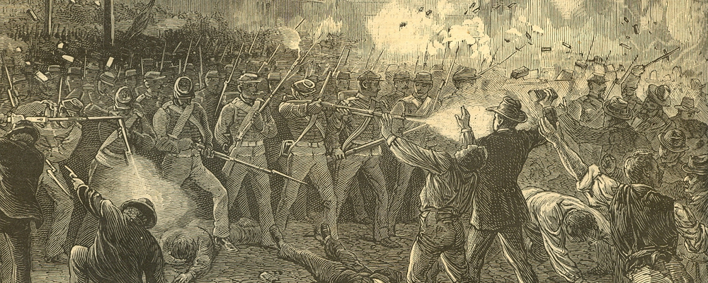 A Maryland National Guard unit fires upon strikers during the Great Railroad Strike of 1877. Harper's Weekly, via Wikimedia