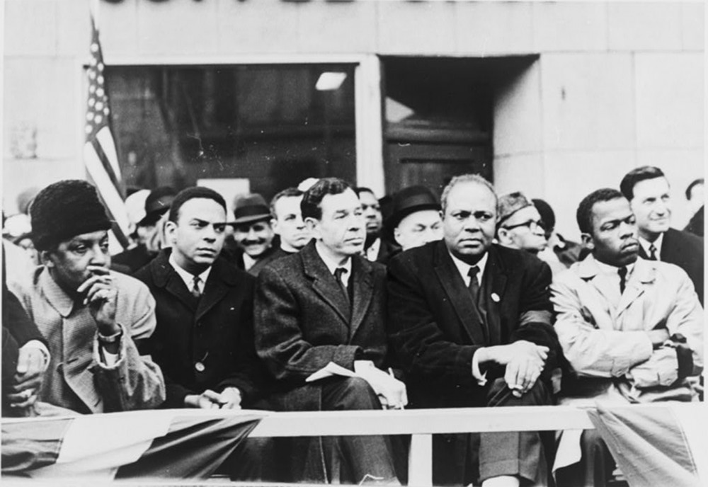 Photograph of five leaders of the Civil Rights Movement. From left: Bayard Rustin, Andrew Young, N.Y. Congressman William Ryan, James Farmer, and John Lewis in 1965. Stanley Wolfson, Photograph, 1965. Library of Congress, http://www.loc.gov/pictures/item/98515229/. 