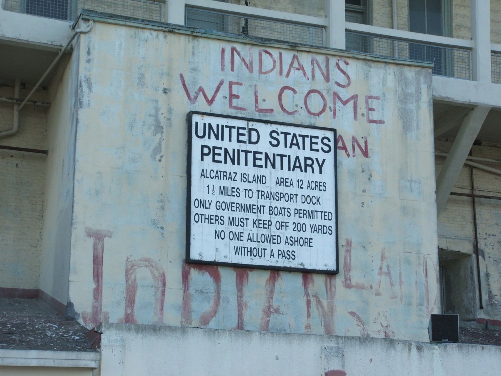 While the Pan-Indian movement of the 1960s failed, a sign remains of the Native American occupation of Alcatraz Island in the San Francisco Bay. Photograph, July 18, 2006. Wikimedia, http://commons.wikimedia.org/wiki/File:Alcatraz_Island_01_Prison_sign.jpg.