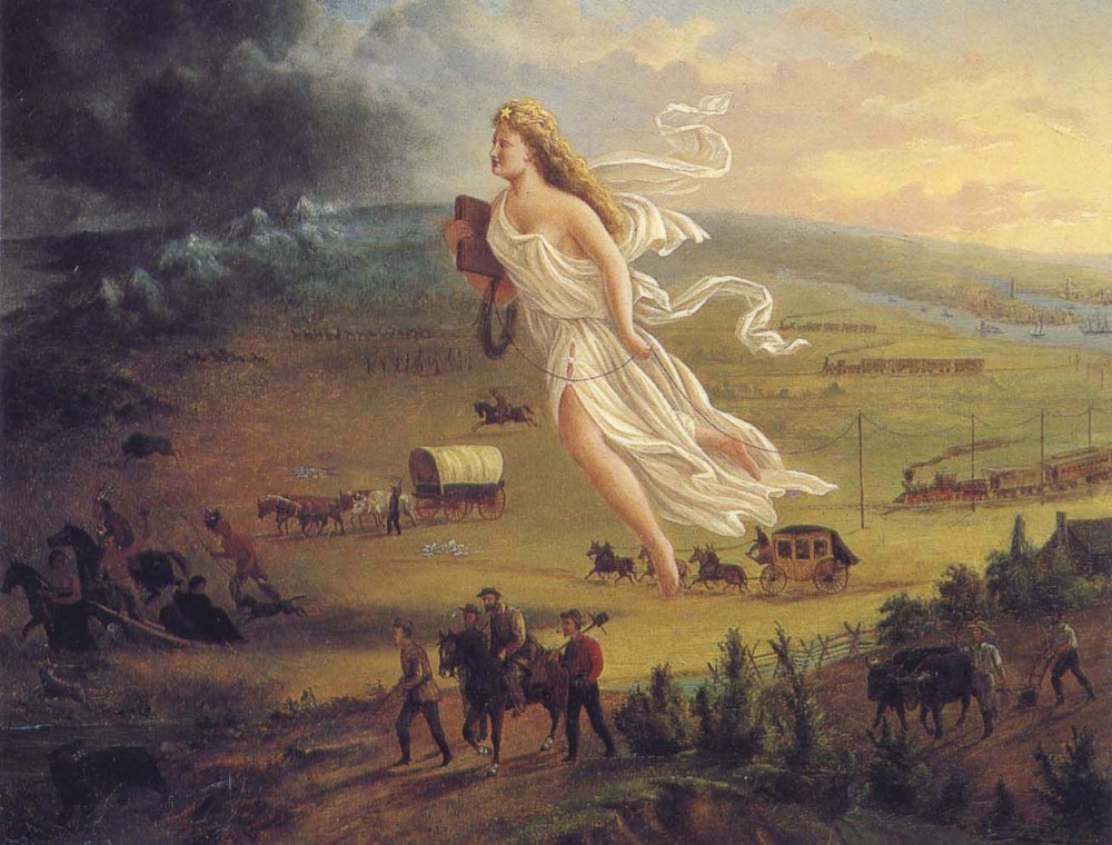 Although the original painting was only seen by a small number of Americans, the engraving was widely distributed, reinforcing and perhaps spreading the nationalistic ideals of the “Manifest Destiny” ideology. Columbia, the central female figure representing America, leads the Americans into the West and thus into the future by carrying the values of republicanism (as seen through her Roman garb) and progress (shown through the inclusion of technological innovations like the telegraph). In the process, Columbia clears the West of any possible hindrances to this progress, including the native peoples and animals pushed into the darkness. Engraving after John Gast, Manifest Destiny, 1872. Wikimedia, http://commons.wikimedia.org/wiki/File:American_progress.JPG. 