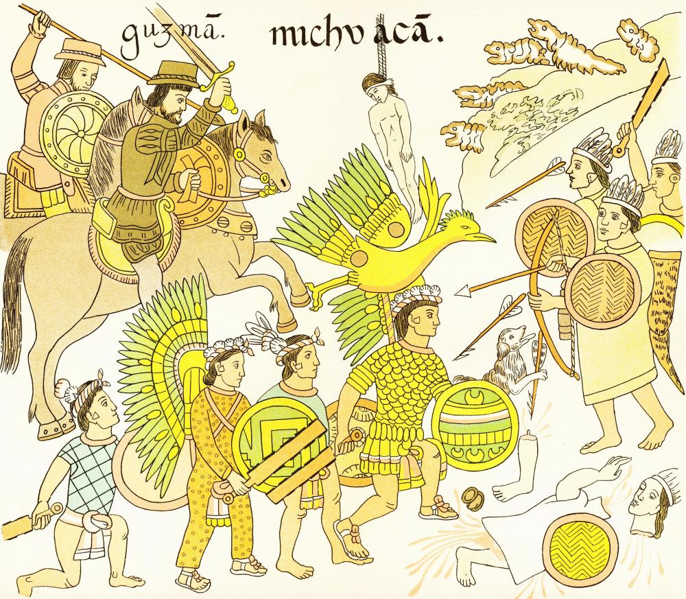 The Spanish relied on indigenous allies to defeat the Aztecs. The Tlaxcala were among the most important Spanish allies in their conquest. This nineteenth-century recreation of a sixteenth century drawing depicts Tlaxcalan warriors fighting alongside Spanish soldiers against the Aztec. Via Wikimedia.