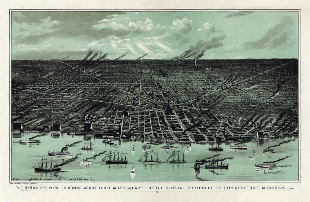 Detroit, Michigan, began to prosper as an industrial city and major transportation hub by the mid to late nineteenth century. It would continue to grow throughout the early to mid-twentieth century as Henry Ford and others pioneered the automobile industry and made Detroit the automobile capital of the world – hence its nickname “Motor City.” Calvert Lith. Co., “Birds eye view--showing about three miles square--of the central portion of the city of Detroit, Michigan,” 1889. Wikimedia, http://commons.wikimedia.org/wiki/File:Bird%27s_eye_view_of_Detroit,_Michigan,_1889_-_._Calvert_Lithographing_Co..jpg.