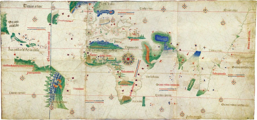 By the fifteenth century, the Portuguese had established forts and colonies on islands and along the rim of the Atlantic Ocean; other major Europeans countries soon followed in step. An anonymous cartographer created this map known as the Cantino Map, the earliest known map of European exploration in the New World, to depict these holdings and argue for the greatness of his native Portugal. “Cantino planisphere” (1502), Biblioteca Estense, Modena, Italy. Wikimedia, http://commons.wikimedia.org/wiki/File:Cantino_planisphere_%281502%29.jpg.