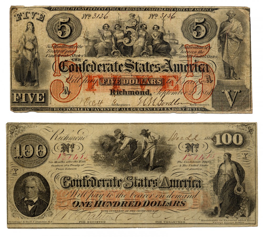 These photographs show two pieces of Confederate currency, a five and one hundred dollar bill. The emblems of nationalism on this currency reveal much about the ideology underpinning the Confederacy: George Washington standing stately in a Roman toga indicates the belief in the South’s honorable and aristocratic past; John C. Calhoun’s portrait emphasizes the Confederate argument of the importance of states’ rights; and, most importantly, the image of African Americans working in fields demonstrates slavery’s position as foundational to the Confederacy. 