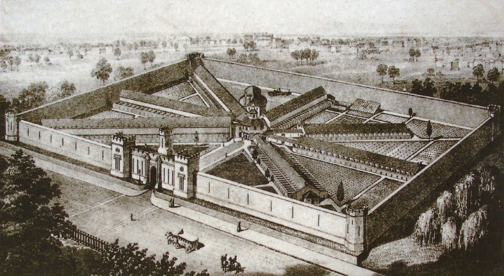 This early sketch of the Eastern State Penitentiary shows the panopticon surveillance system with spokes moving out from a central observation space. Individual cells also included small solitary outdoor areas for convicts to reform themselves through experiences with nature and religious development.