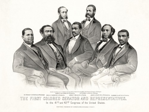 The era of Reconstruction witnessed a few moments of true progress. One of those was the election of African Americans to local, state, and national offices, including both houses of Congress. Pictured here are Hiram Revels (the first African American Senator) alongside six black representatives, all from the former Confederate states. Currier & Ives, “First Colored Senator and Representatives in the 41st and 42nd Congress of the United States," 1872. Wikimedia, http://commons.wikimedia.org/wiki/File:First_colored_senator_and_reps.jpg. 