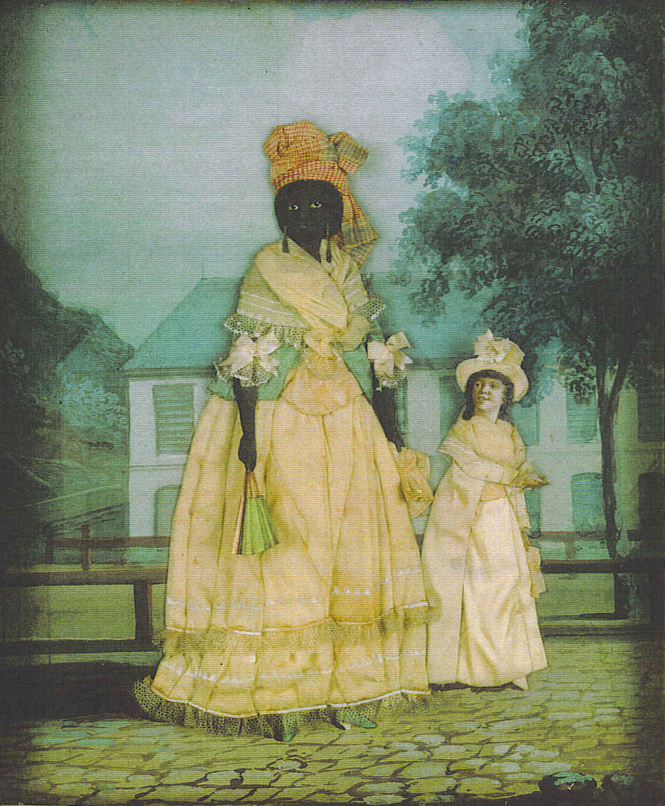 A dark-skinned woman next to a pale-skin girl. Both are dressed in expensive-looking clothes.
