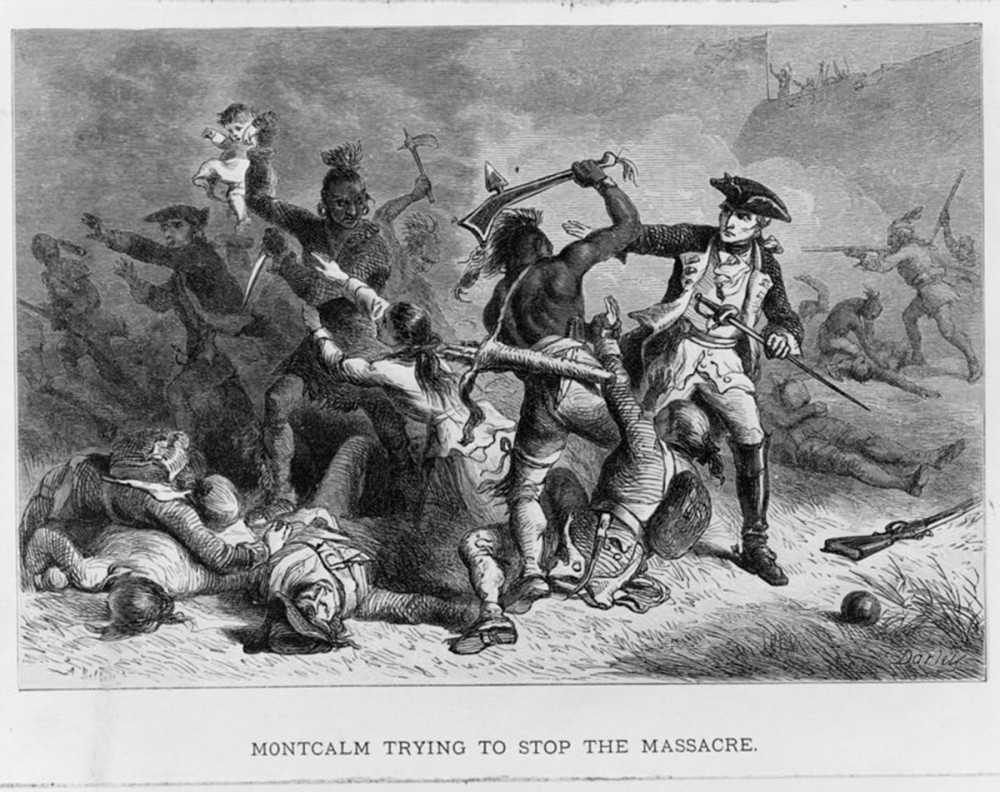 A woodcut depicting a Native American attack. Albert Bobbett, engraver, “Montcalm trying to stop the massacre,” c. 1870-1880. Library of Congress, http://www.loc.gov/pictures/item/98505902/. 