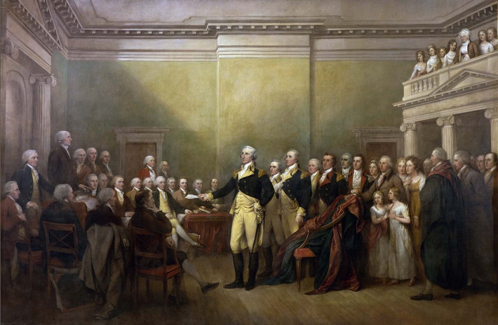 Another John Trumbull piece commissioned for the Capitol in 1817, this painting depicts what would be remembered as the moment the new United States became a republic. On December 23, 1783, George Washington, widely considered the hero of the Revolution, resigned his position as the most powerful man in the former thirteen colonies. Giving up his role as Commander-in-Chief of the Army insured that civilian rule would define the new nation, and that a republic would be set in place rather than a dictatorship. John Trumbull, General George Washington Resigning His Commission, c. 1817-1824. Wikimedia, http://commons.wikimedia.org/wiki/File:General_George_Washington_Resigning_his_Commission.jpg. 