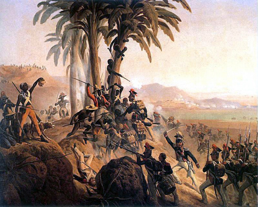 A uniformed army of black Haitian revolutionaries fighting white soldiers.