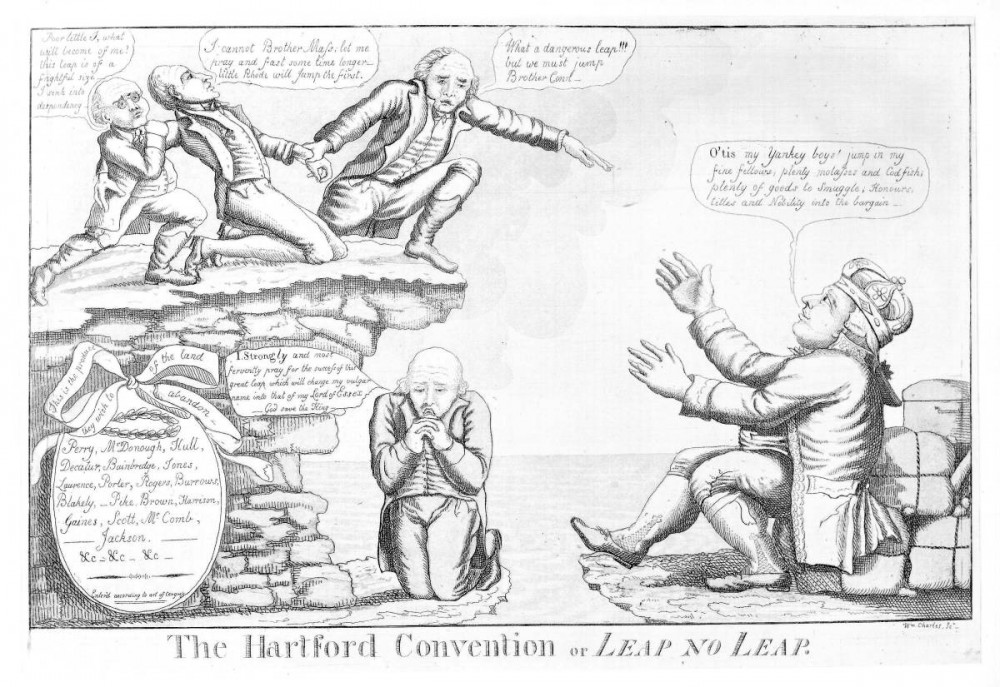 Contemplating the possibility of secession over the War of 1812 (fueled in large part by economic interests of New England merchants), the Hartford Convention posed the possibility of disaster for the still young United States. England, represented by the figure John Bull on the right side, is shown in this political cartoon with arms open to accept New England back into its empire. William Charles, Jr., “The Hartford Convention or Leap No Leap.” Wikimedia, http://en.wikipedia.org/wiki/File:TheHartfordConventionOrLeapNoLeap.jpg. 