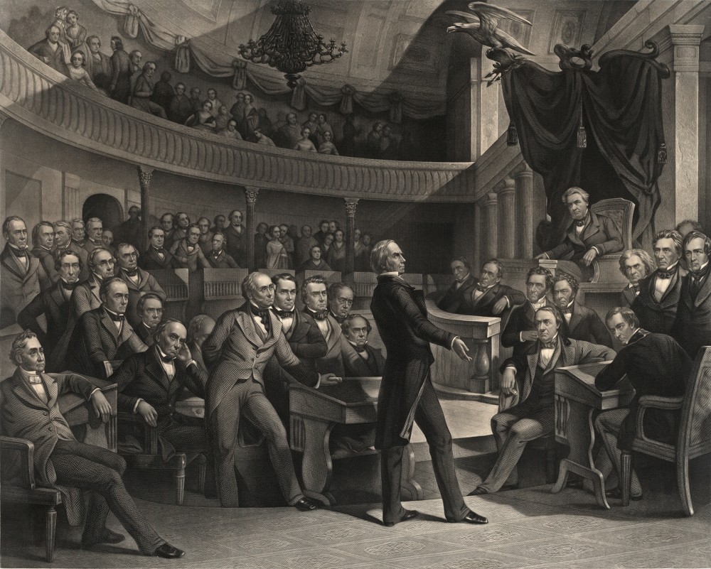 Henry Clay (“The Great Compromiser”) addresses the U.S. Senate during the debates over the Compromise of 1850. The print shows a number of incendiary personalities, like John C. Calhoun, whose increasingly sectional beliefs were pacified for a time by the Compromise. P. F. Rothermel (artist), c. 1855. Wikimedia, http://commons.wikimedia.org/wiki/File:Henry_Clay_Senate3.jpg. 