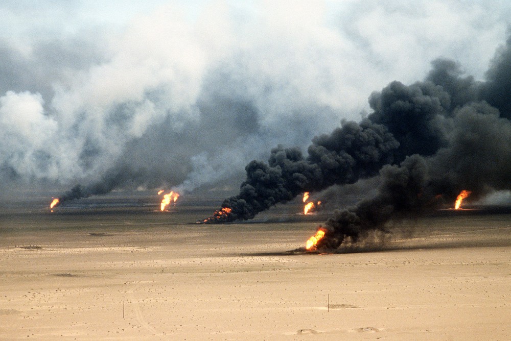 Photograph of burning oil fields in Kuwait. 