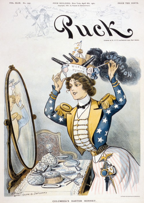 With great self-assurance of how she looks in her new hat, Columbia puts on her “Easter Bonnet” shaped as a warship labelled “World Power.” By 1901, when this political cartoon was published, Americans were feeling rather confident in their position as a world leader. Ehrhart after sketch by Dalrymple, “Columbia’s Easter bonnet”, in Puck (April 6, 1901). Wikimedia, http://en.wikipedia.org/wiki/File:Puck_cover2.jpg. 