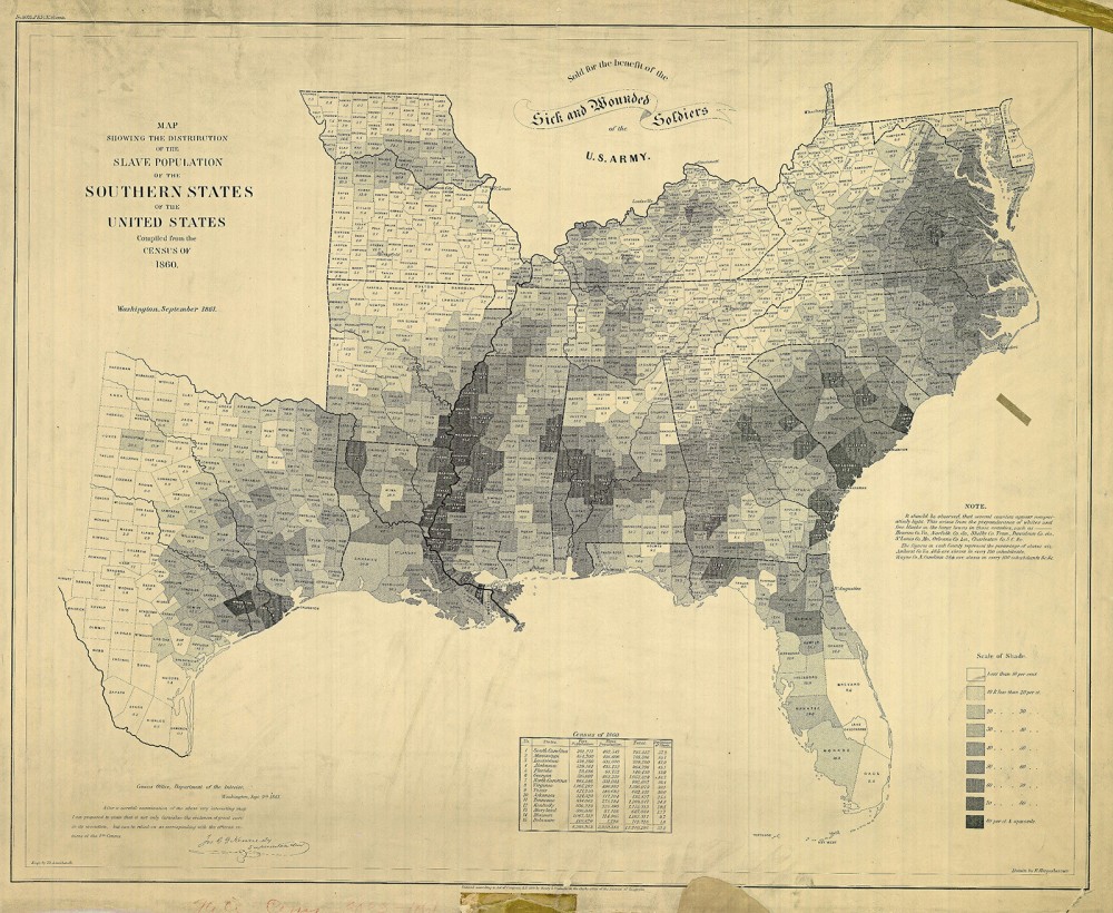 This map, published by the US Coast Guard, shows the percentage of slaves in the population in each county of the slave-holding states in 1860. The highest percentages lie along the Mississippi River, in the “Black Belt” of Alabama, and coastal South Carolina, all of which were centers of agricultural production (cotton and rice) in the United States. E. Hergesheimer (cartographer), Th. Leonhardt (engraver), Map Showing the Distribution of the Slave Population of the Southern States of the United States Compiled from the Census of 1860, c. 1861. Wikimedia, http://commons.wikimedia.org/wiki/File:SlavePopulationUS1860.jpg. 