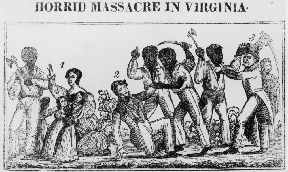 This woodcut shows a white family being attacked by the rebels in Southhampton, Virginia. At the top of the print, the title in all caps proclaims HORRID MASSACRE IN VIRGINIA