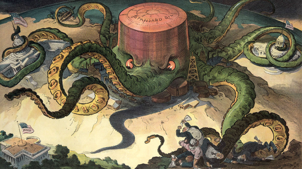 Illustration shows a "Standard Oil" storage tank as an octopus with many tentacles wrapped around the steel, copper, and shipping industries, as well as a state house, the U.S. Capitol, and one tentacle reaching for the White House. The only building not yet within reach of the octopus is the White House—President Teddy Roosevelt had won a reputation as a “trust buster.” Udo Keppler, “Next!” (1904). Via Library of Congress (LC-USZCN4-122).