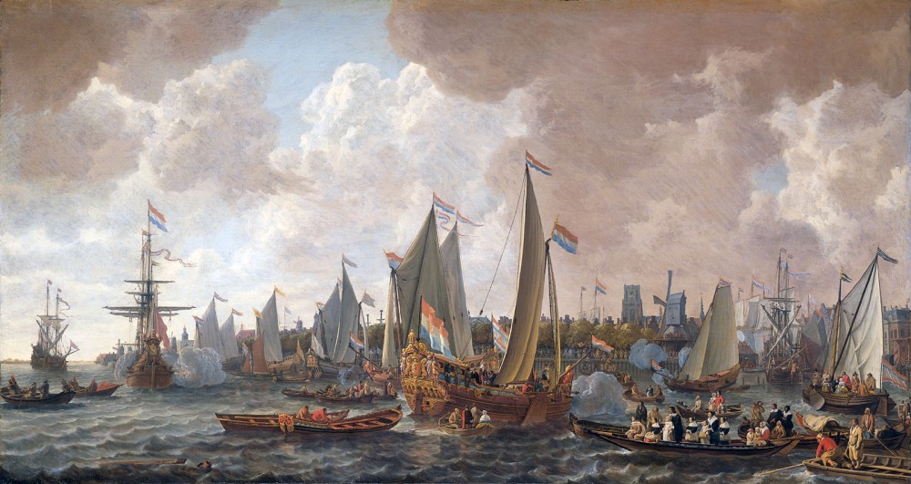 England found itself in crisis after the death of Oliver Cromwell in 1658, leading in time to the reestablishment of the monarchy. On his 30th birthday (May 29, 1660), Charles II sailed from the Netherlands to his restoration after nine years in exile. He was received in London to great acclaim, as depicted in his contemporary painting. Lieve Verschuler, The arrival of King Charles II of England in Rotterdam, 24 May 1660. c. 1660-1665. Wikimedia, http://commons.wikimedia.org/wiki/File:The_arrival_of_King_Charles_II_of_England_in_Rotterdam,_may_24_1660_%28Lieve_Pietersz._Verschuier,_1665%29.jpg. 