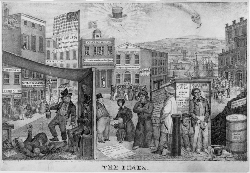 Many Americans blamed the Panic of 1837 on the economic policies of Andrew Jackson, who is sarcastically represented in the lithograph as the sun with top hat, spectacle, and a banner of “Glory” around him. The destitute people in the foreground (representing the common man) are suffering while a prosperous attorney rides in an elegant carriage in the background (right side of frame). Edward W. Clay, “The Times,” 1837. Wikimedia, http://commons.wikimedia.org/wiki/File:The_times_panic_1837.jpg. 